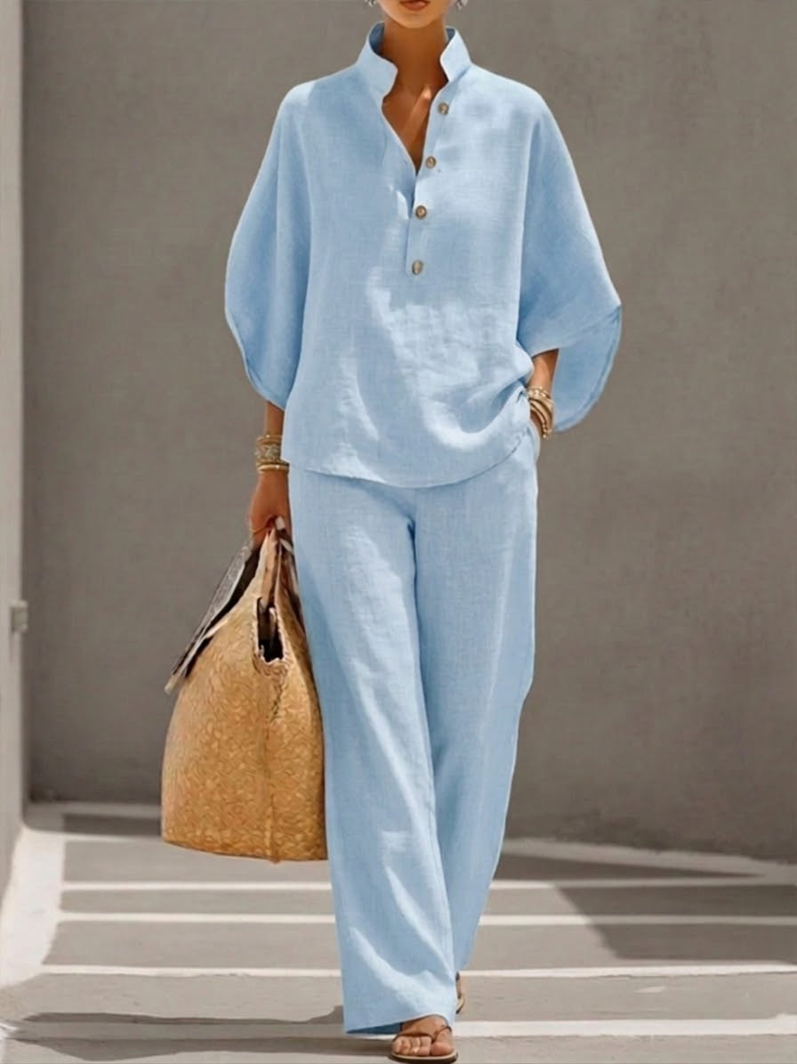 FREYA | 2-Piece Linen-Cotton Batwing Shirt &amp; Wide-Leg Set