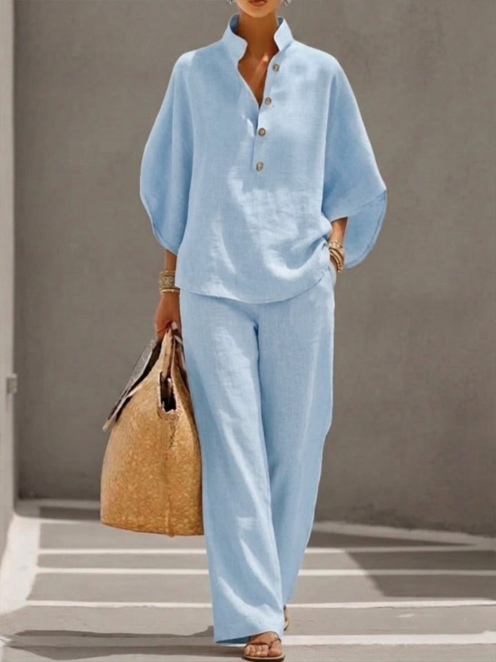FREYA | 2-Piece Linen-Cotton Batwing Shirt &amp; Wide-Leg Set