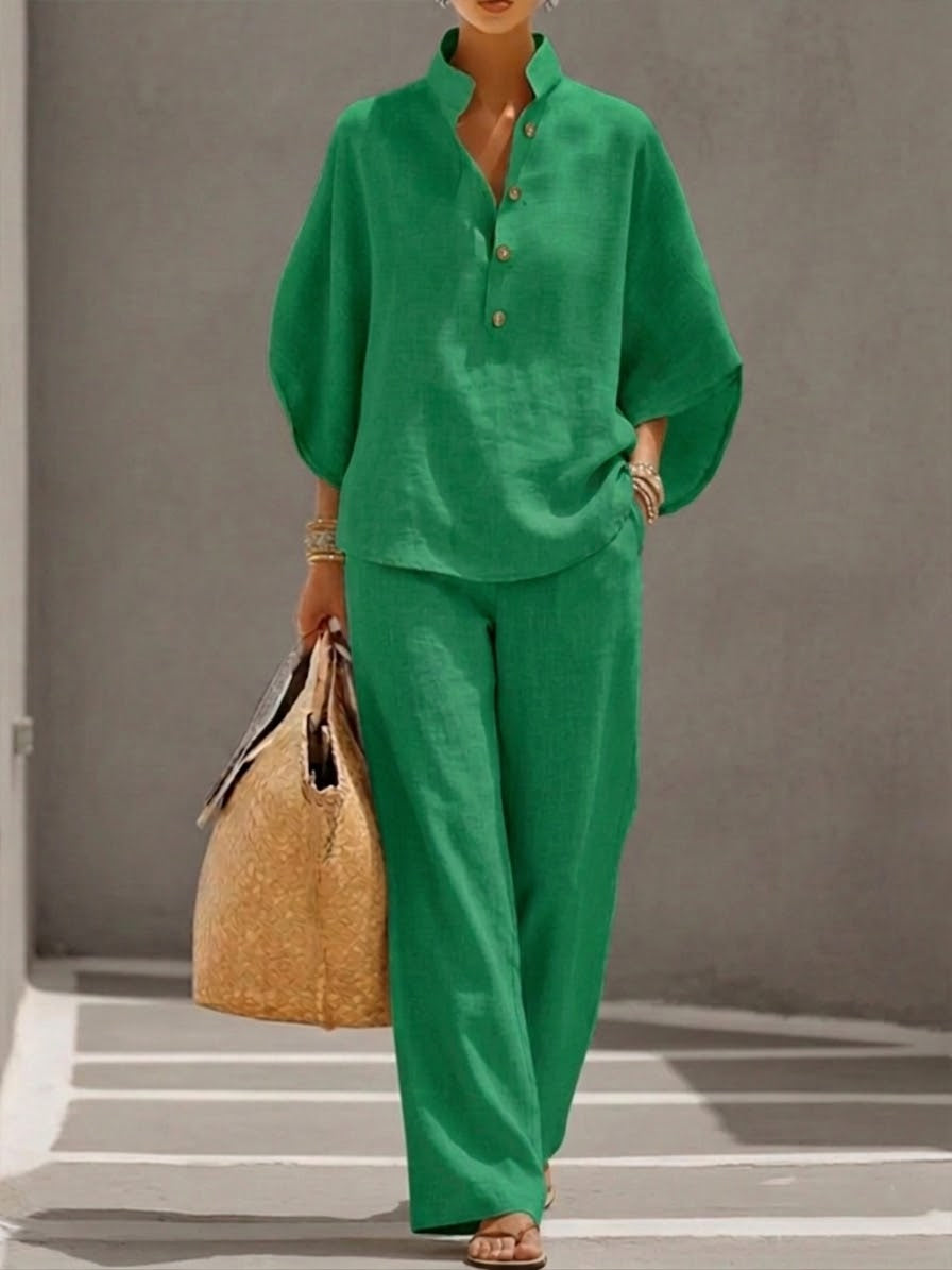 FREYA | 2-Piece Linen-Cotton Batwing Shirt &amp; Wide-Leg Set