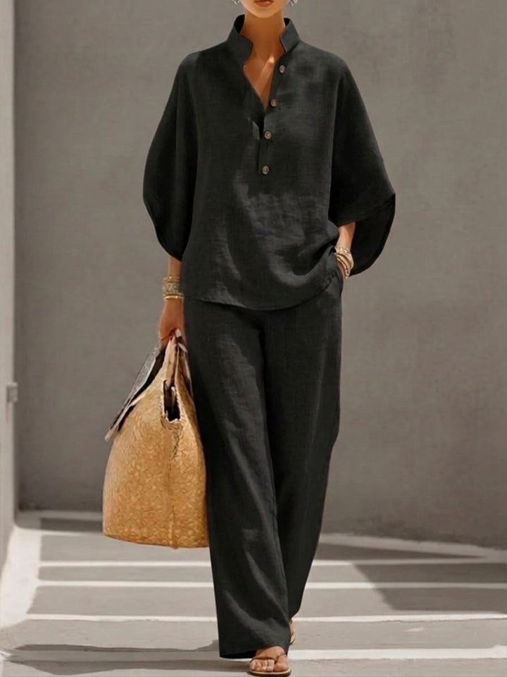 FREYA | 2-Piece Linen-Cotton Batwing Shirt &amp; Wide-Leg Set