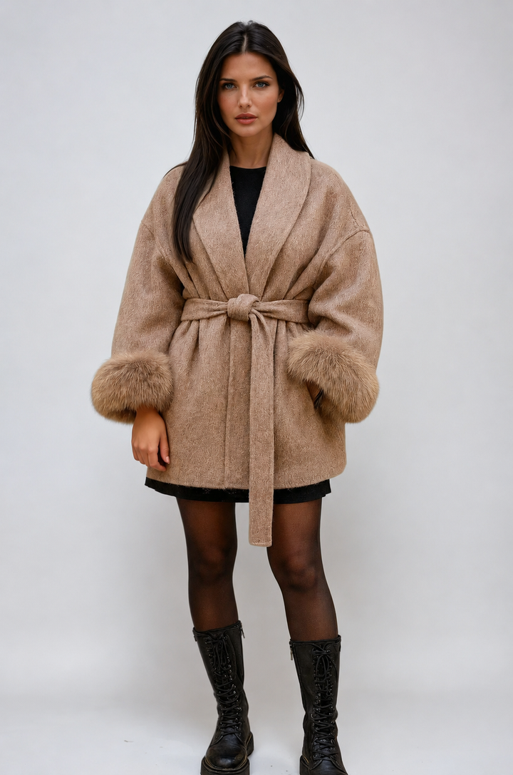 ELEGANT BELTED FAUX FUR COAT