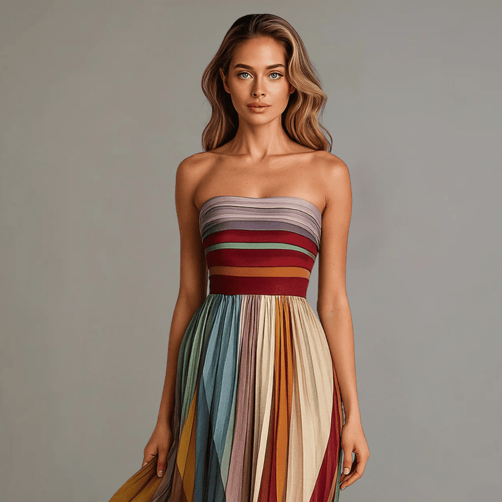 NILIANZA | Colorful Strapless Maxi Dress with Defined Waist