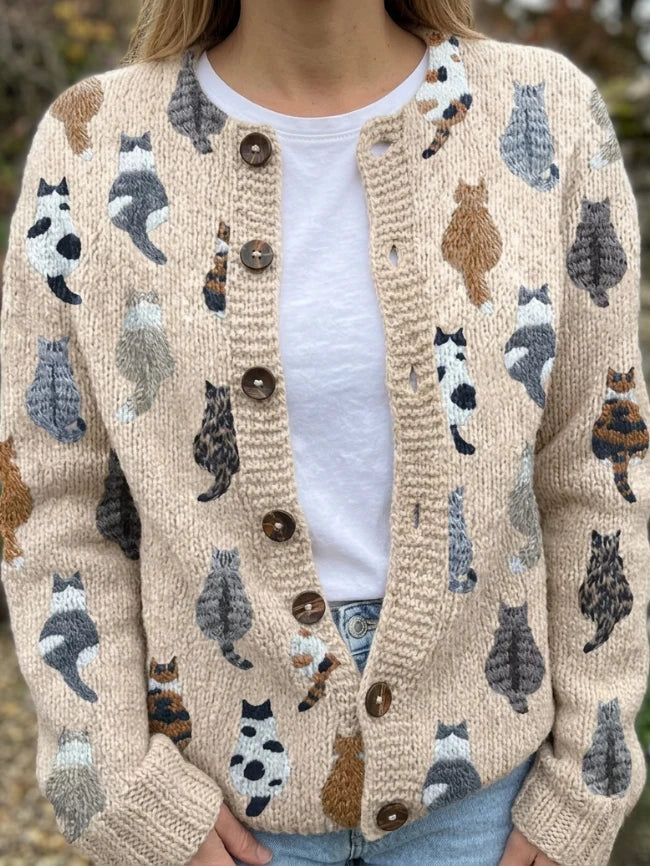 DAPHNE™ | COZY CAT PRINT BUTTON-FRONT CARDIGAN