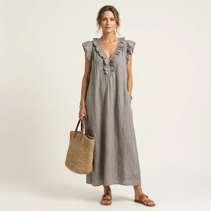 Josette | Ruffle V-Neck Linen Maxi Dress