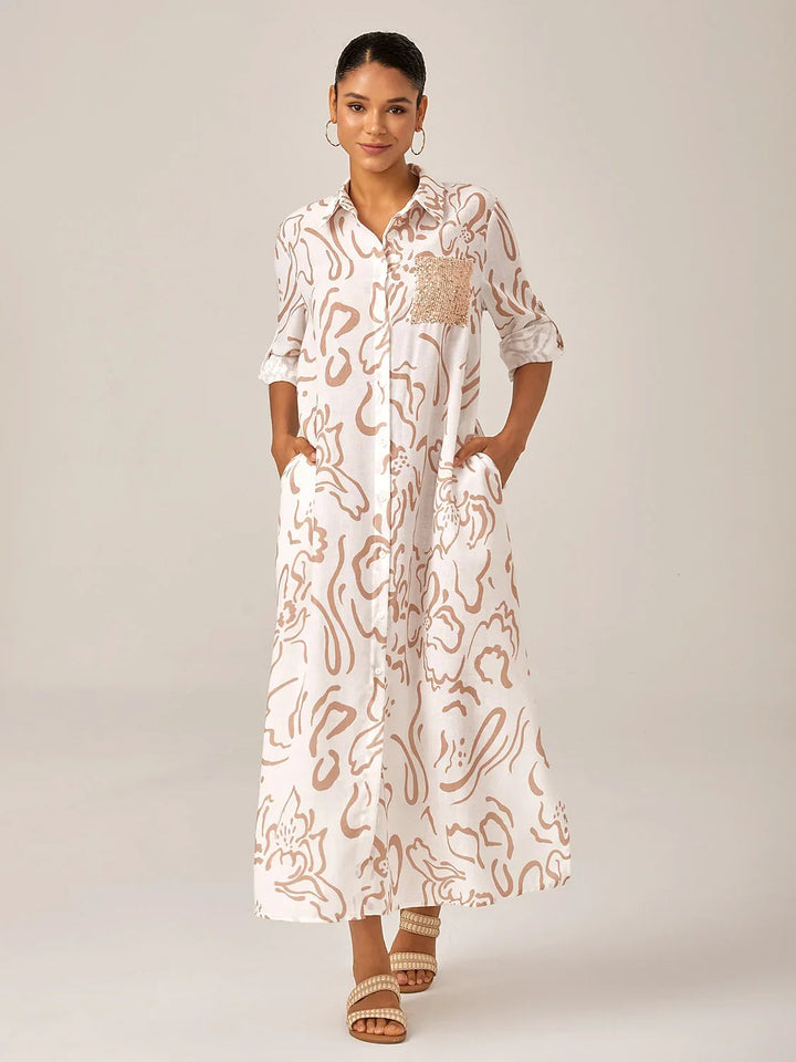 SANTORINI | Floral Maxi Shirt Dress with Button-Down Front