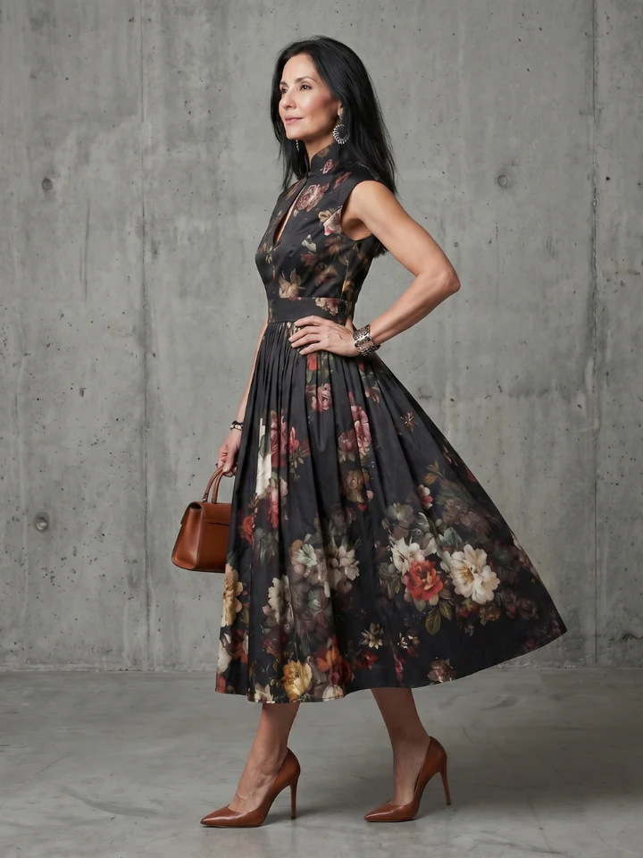 GRETA | High-Neck Midi Dress - Flattering Fit