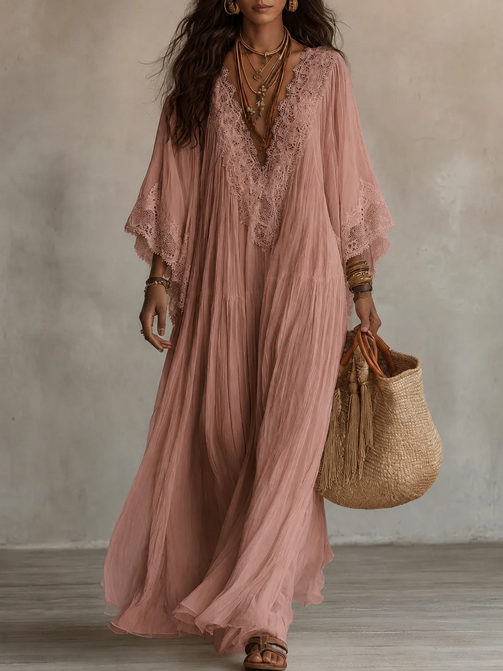 CELESTE | Flowing Maxi Dress with Lace V-Neck