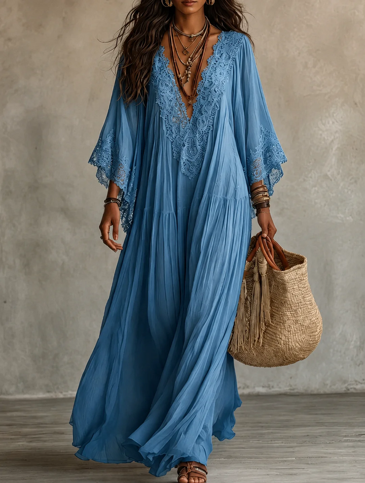 CELESTE | Flowing Maxi Dress with Lace V-Neck