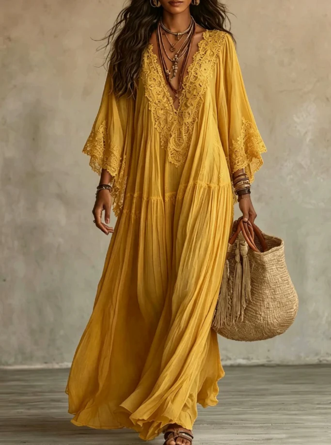 CELESTE | Flowing Maxi Dress with Lace V-Neck