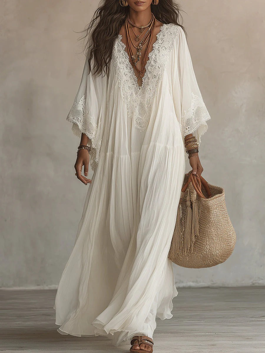 CELESTE | Flowing Maxi Dress with Lace V-Neck