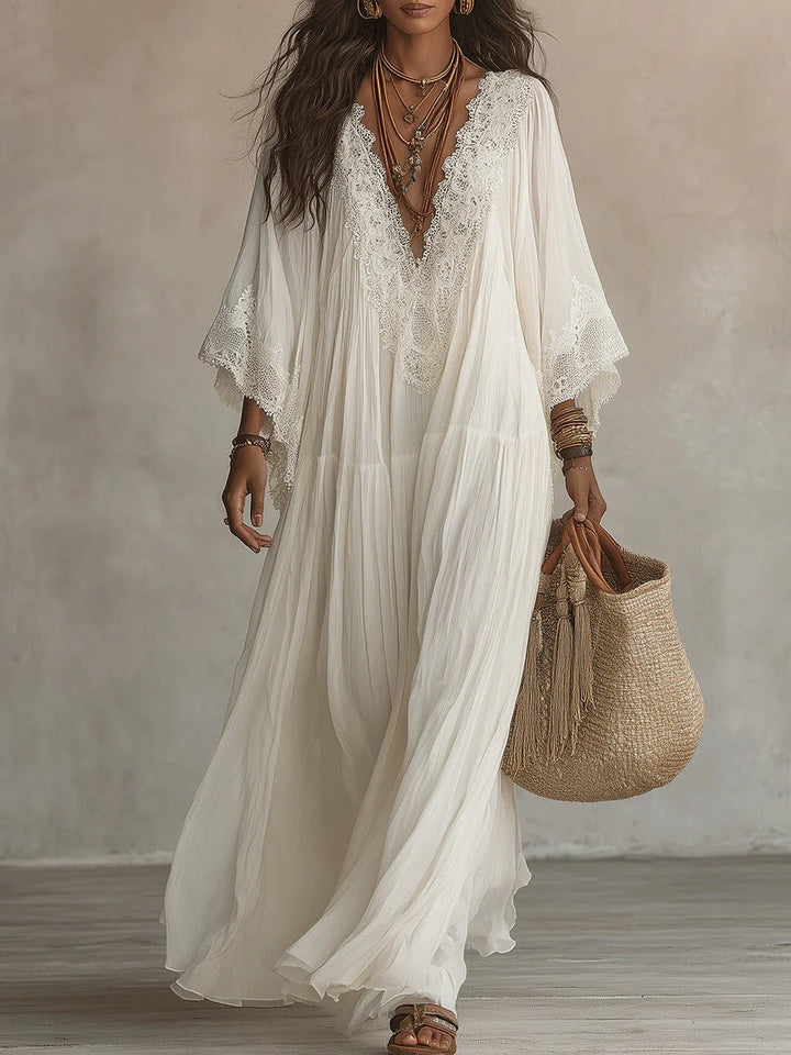 CELESTE | Flowing Maxi Dress with Lace V-Neck