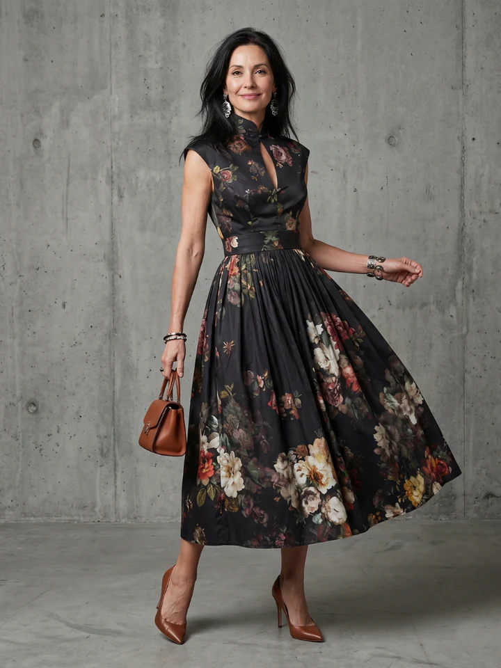 GRETA | High-Neck Midi Dress - Flattering Fit