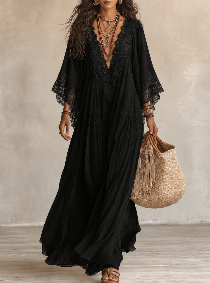 CELESTE | Flowing Maxi Dress with Lace V-Neck