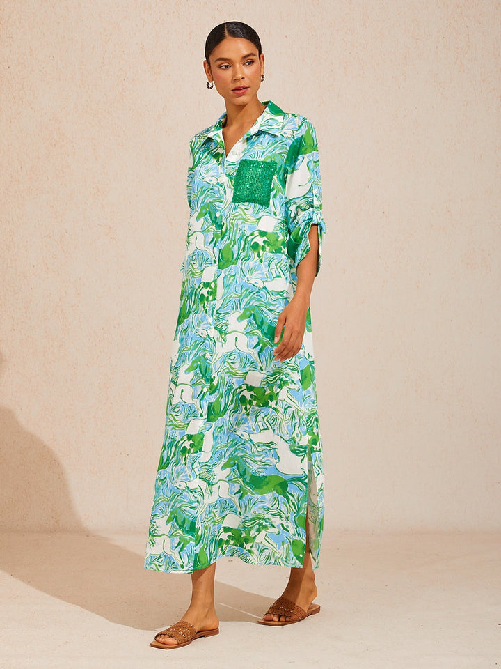 SANTORINI | Floral Maxi Shirt Dress with Button-Down Front