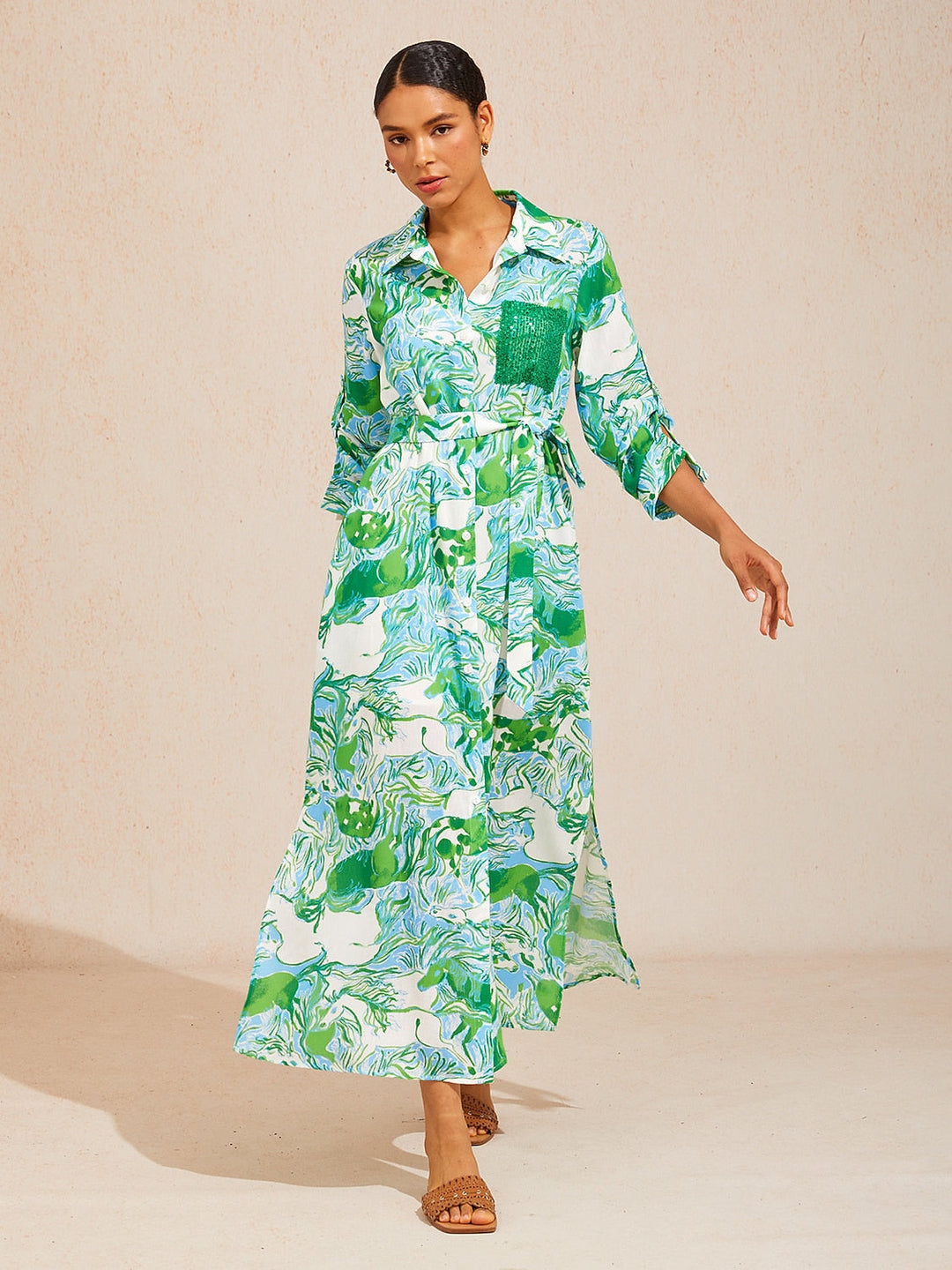 SANTORINI | Floral Maxi Shirt Dress with Button-Down Front