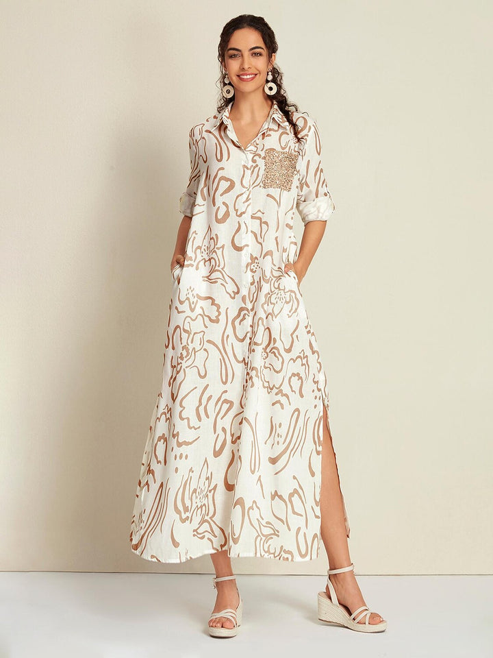 SANTORINI | Floral Maxi Shirt Dress with Button-Down Front