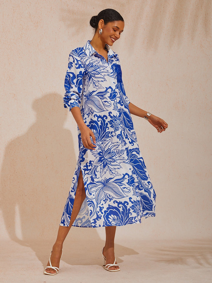 SANTORINI | Floral Maxi Shirt Dress with Button-Down Front