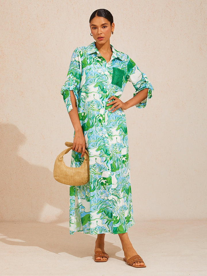 SANTORINI | Floral Maxi Shirt Dress with Button-Down Front