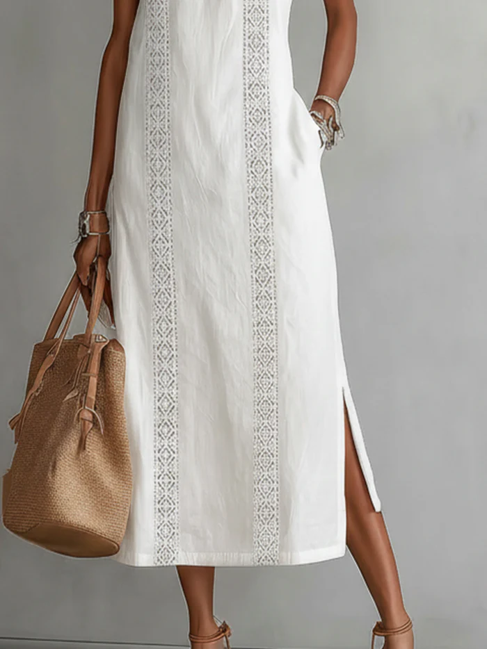 CELINE | Sleeveless Midi Dress with Lace Details &amp; Side Slit