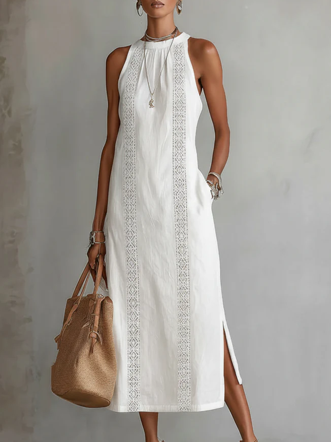 CELINE | Sleeveless Midi Dress with Lace Details &amp; Side Slit