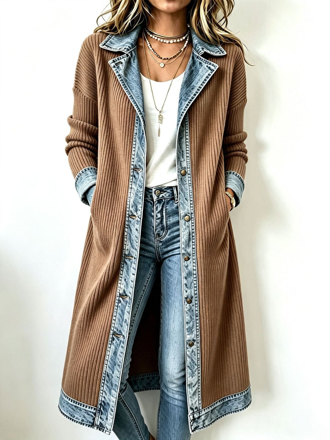 JULIETTE™ | DENIM-TRIM LONGLINE KNIT CARDIGAN