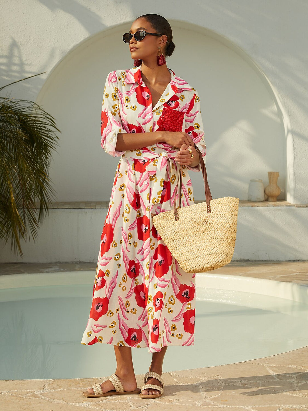 SANTORINI | Floral Maxi Shirt Dress with Button-Down Front