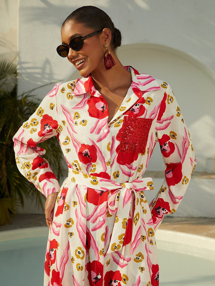 SANTORINI | Floral Maxi Shirt Dress with Button-Down Front