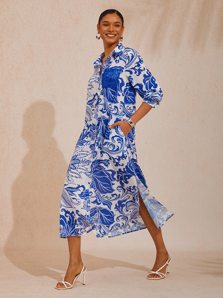 SANTORINI | Floral Maxi Shirt Dress with Button-Down Front