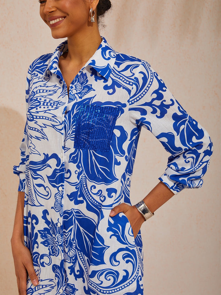 SANTORINI | Floral Maxi Shirt Dress with Button-Down Front