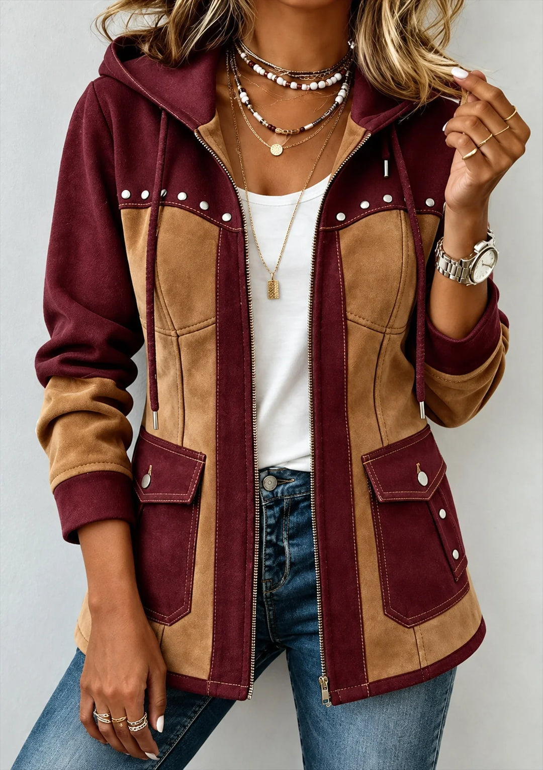 GENEVIEVE™ | TWO-TONE HOODED UTILITY JACKET
