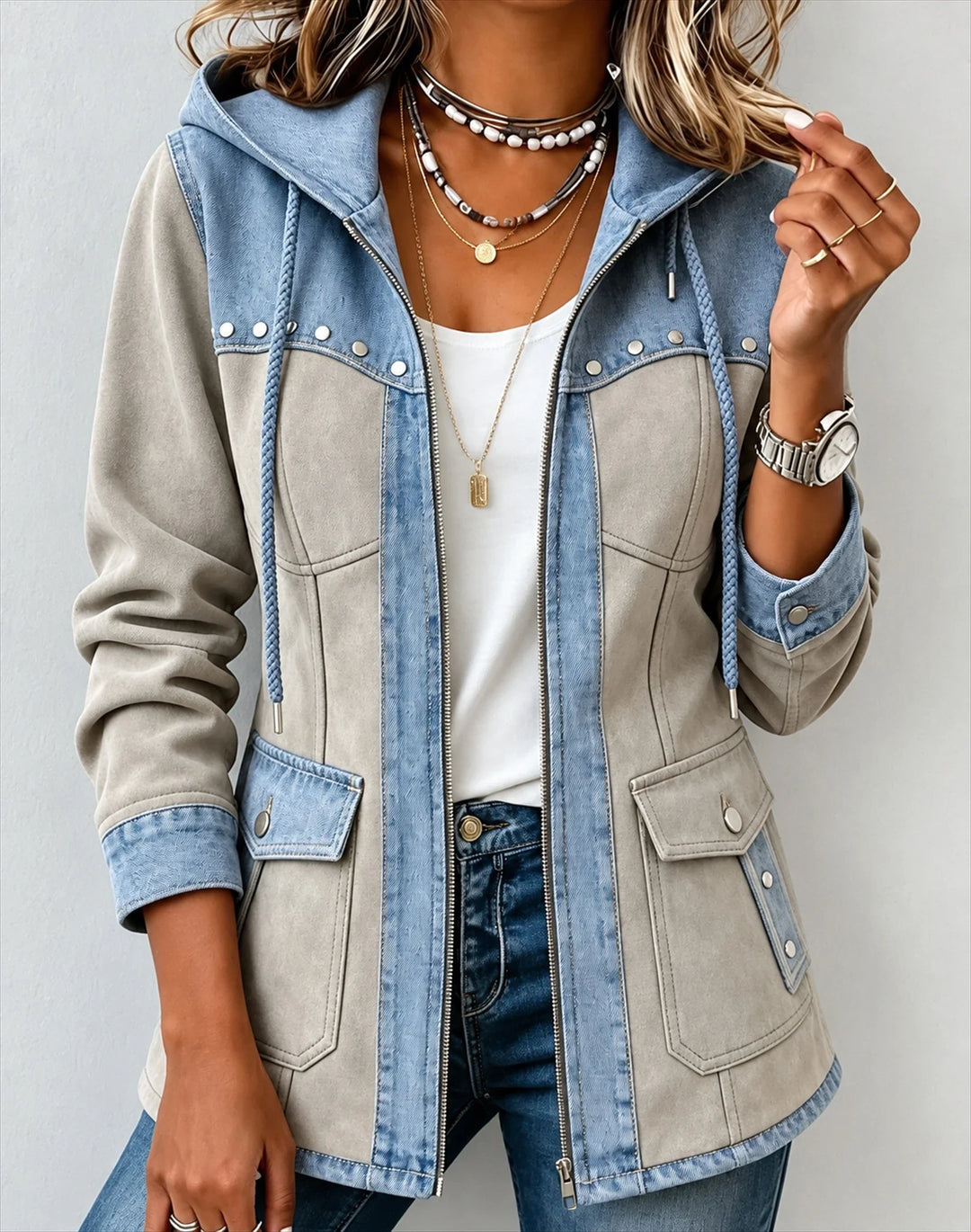 GENEVIEVE™ | TWO-TONE HOODED UTILITY JACKET