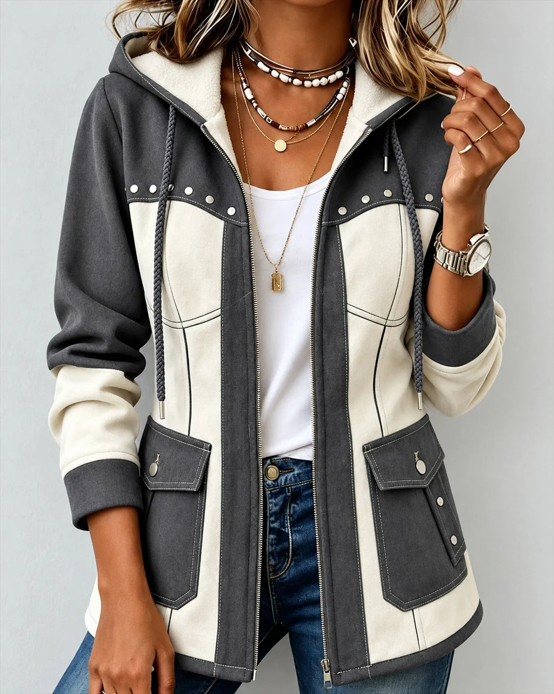 GENEVIEVE™ | TWO-TONE HOODED UTILITY JACKET