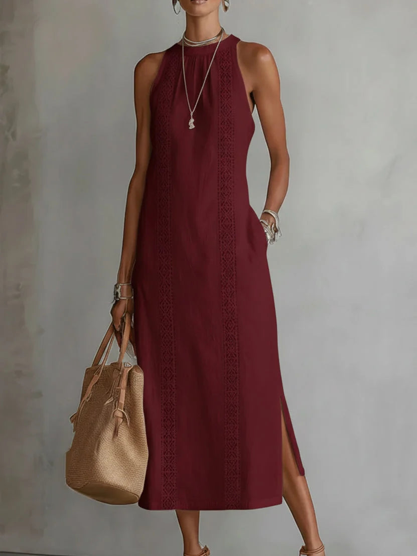 CELINE | Sleeveless Midi Dress with Lace Details &amp; Side Slit