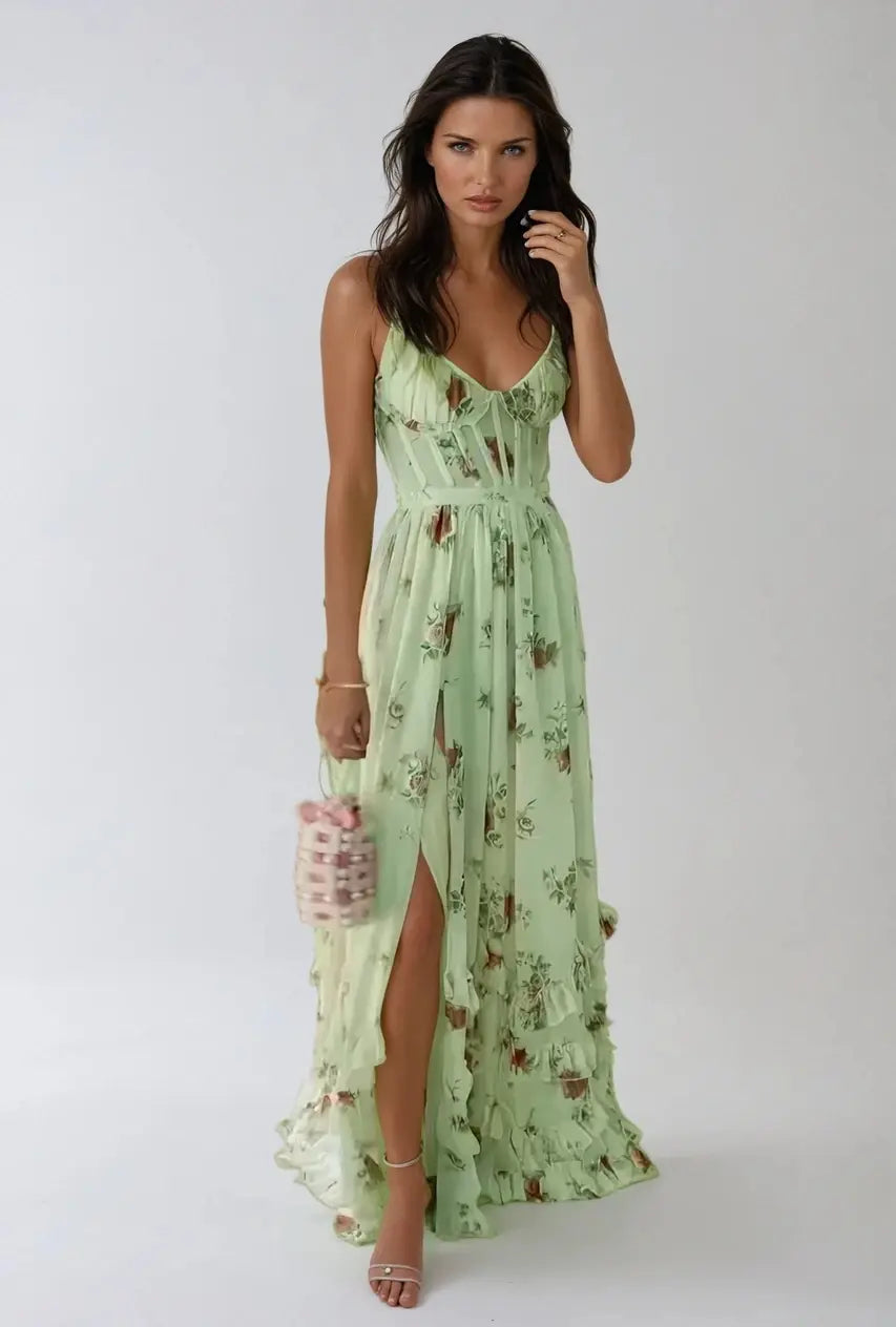 VIOLETTA | Romantic Boho Maxi Dress with Deep V-Neck, Ruffles &amp; High Slit