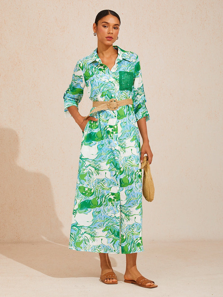 SANTORINI | Floral Maxi Shirt Dress with Button-Down Front