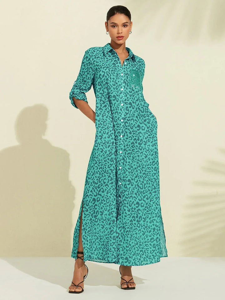 SANTORINI | Floral Maxi Shirt Dress with Button-Down Front